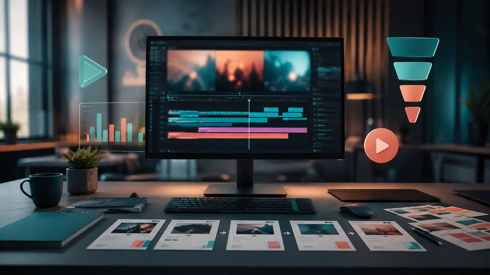 Timeline de montage vidéo marketing organisée autour du hook, des preuves et de l'appel à l'action