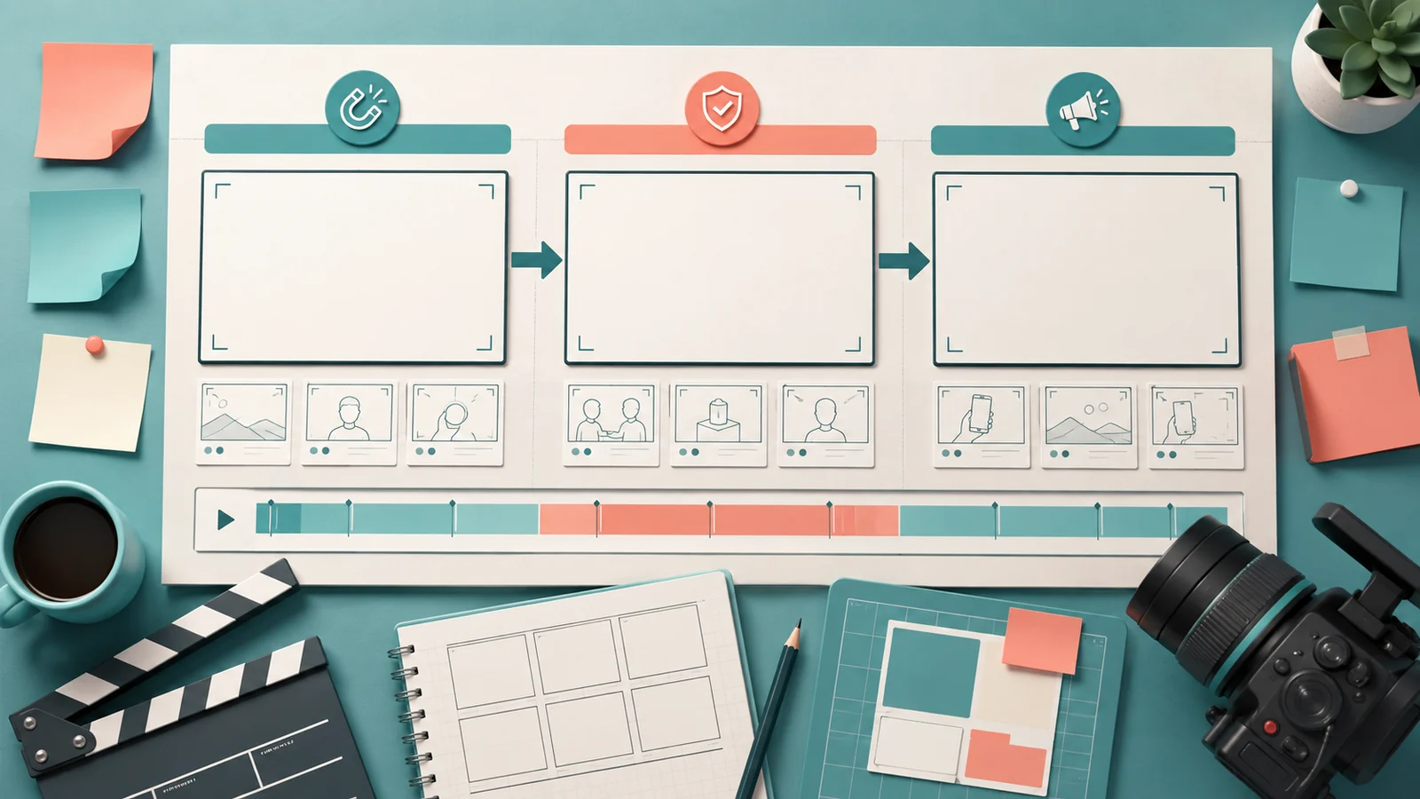Storyboard de vidéo marketing reliant problème, promesse, démonstration, preuve et CTA
